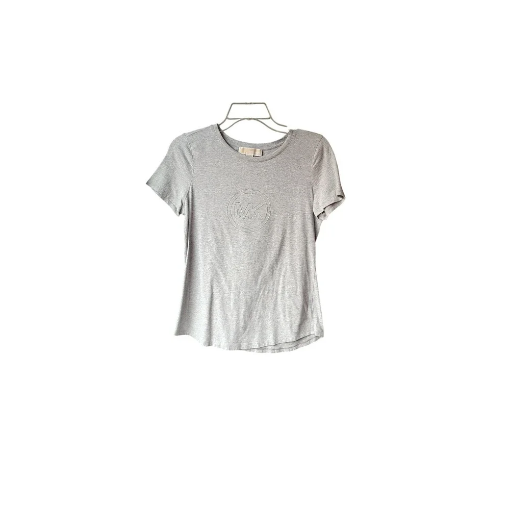 Michael Kors Womens Gray Rhinestone MK Logo‎ Crew Neck Short Sleeve T-Shirt M